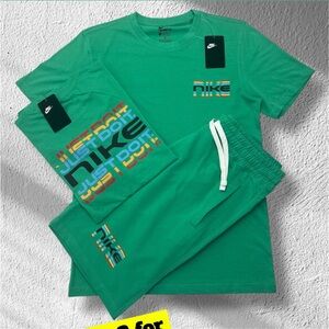 Nike Green Tee and Joggers Set with Multicolor Stripe Logo